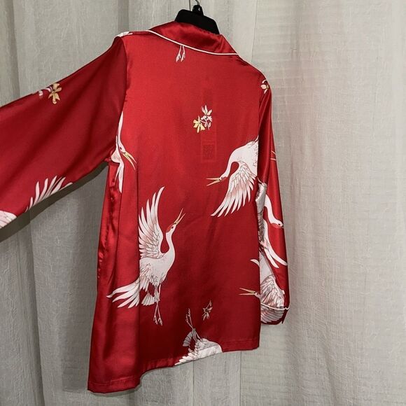 DALIA MACPHEE M & L Red White Satin Ibis Bird Print Long Sleeve Long Pant PJ Set - Picture 13 of 16